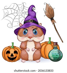 Cute cartoon hamster wearing wizard hat with broom and pumpkins, halloween holiday character.