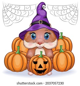 Cute cartoon hamster wearing wizard hat with broom and pumpkins, halloween holiday character.
