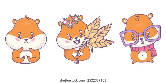 Belos hamsters de desenhos animados. Menina roedora com orelhas de trigo, animal infantil tímido e personagem em óculos e cachecol. Personagem kawaii engraçado isolado. Ilustração vetorial. Coleção Kids