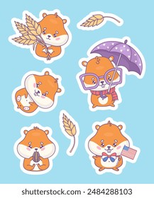 Cute cartoon hamsters stickers. Rodent with ears of wheat, animal gnaws seed, festive with American flag and glasses under umbrella. Isolated funny kawaii character. Vector illustration. Kids