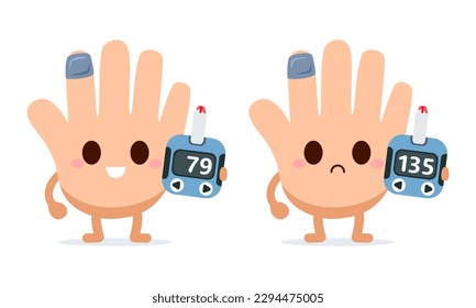 Cute cartoon Hand checks control blood low and high sugar diabetes on the finger with a glucometer isolated on white background. Vector illustration Kawaii character flat design.