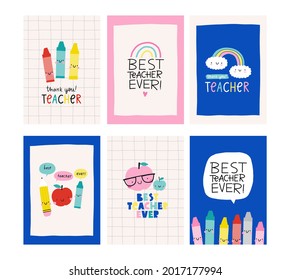 Cute cartoon Hand Drav cards for Teacher day. Vector print in flat style. Hand drawn lettering - Best teacher ever