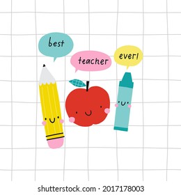 Cute cartoon Hand Drav cards for Teacher day. Vector print in flat style. Hand drawn lettering - Best teacher ever