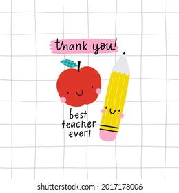 Cute cartoon Hand Drav cards for Teacher day. Vector print in flat style. Hand drawn lettering - Best teacher ever