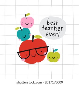 Cute cartoon Hand Drav cards for Teacher day. Vector print in flat style. Hand drawn lettering - Best teacher ever