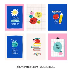 Cute cartoon Hand Drav cards for Teacher day. Vector print in flat style. Hand drawn lettering - Best teacher ever