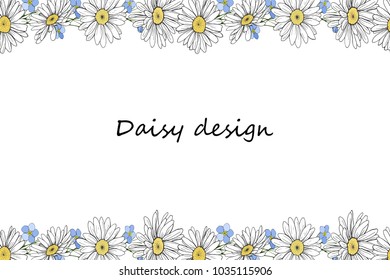 Cute cartoon  hand drawing daisy and forget me not design. Spring flower. Frame for wedding invitation, post card and other.