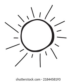Cute cartoon hand drawing sun.  Sweet vector black and white drawing of the sun.  Isolated monochrome doodle sun pattern on white background.