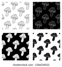 Cute cartoon hand drawn amanita pattern collection. Sweet vector black and white amanita pattern collection. Isolated monochrome doodle amanita pattern collection.