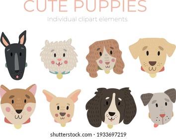 Cute cartoon hand drawn animal faces. Characters of different breeds of dogs. Vector illustration fo baby card
