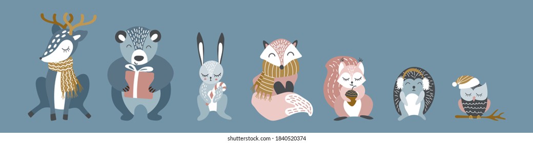 Cute cartoon hand drawn animals collection. Funny woodland characters with winter accessories on gray background. Vector illustration.