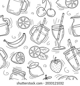 Cute cartoon hand drawn background of summer cocktails and lemonade. Doodle summer background. Black and white drawn