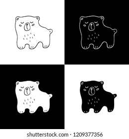 Cute cartoon hand drawn bear illustration set. Sweet vector black and white bear illustration set. 