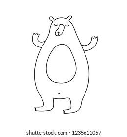 Cute cartoon hand drawn bear drawing. Sweet vector black and white bear drawing. Isolated monochrome doodle bear drawing on white background.