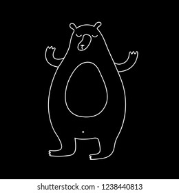 Cute cartoon hand drawn bear illustration. Sweet vector black and white bear illustration. Isolated monochrome doodle bear illustration on black background.