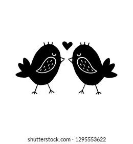 Cute cartoon hand drawn birds kissing icon. Sweet vector black and white birds kissing icon. Isolated monochrome doodle birds kissing icon on white background.