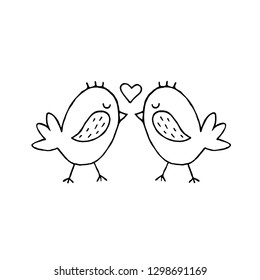 Cute cartoon hand drawn birds kissing illustration. Sweet vector black and white birds kissing illustration. Isolated monochrome doodle birds kissing illustration on white background.