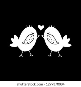 Cute cartoon hand drawn birds kissing graphic. Sweet vector black and white birds kissing graphic. Isolated monochrome doodle birds kissing graphic on black background.
