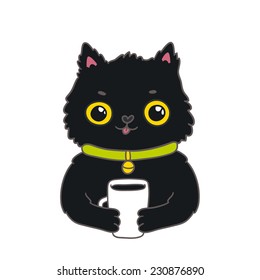 cute cartoon hand drawn black cat with coffee cup