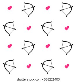 cute cartoon hand drawn black bows and arrows on white background with pink heart seamless vector pattern illustration