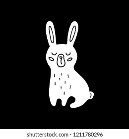 Cute cartoon hand drawn bunny illustration. Sweet vector black and white bunny illustration. Isolated monochrome doodle bunny illustration on black background.