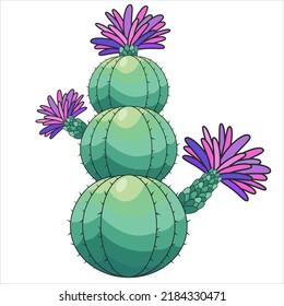 Cute cartoon hand drawn cactus with flowers. Desert plant vector illustration. Prickly plant