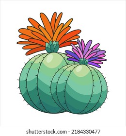 Cute cartoon hand drawn cactus with flowers. Desert plant vector illustration. Prickly plant