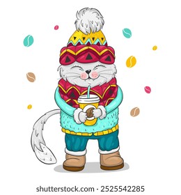Cute cartoon hand drawn card with cat in knitted hat and scarf, drinking coffee, vector lustration