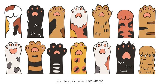 Cute cartoon hand drawn cat paws set vector graphic illustration. Collection of various cute cartoon domestic animal foot isolated on white background. Funny fur pet dangerous claws