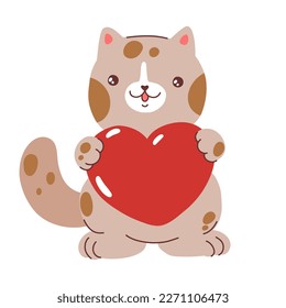 Cute cartoon hand drawn cat with heart. Valentine animal. Valentine's Day pet. Stock vector illustration sticker on a white background.