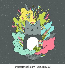 Cute cartoon hand drawn cat with abstract particles. Vector animal illustration