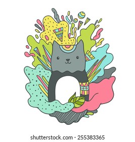 Cute cartoon hand drawn cat with abstract particles. Vector animal illustration