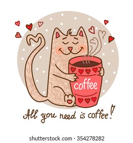 Cute cartoon hand drawn cat with cup of coffee. Adorable vector clip art for your design. Isolated on wight.