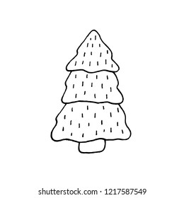 Cute cartoon hand drawn christmas tree drawing. Sweet vector black and white christmas tree drawing. Isolated monochrome doodle christmas tree drawing on white background.