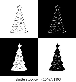 Cute cartoon hand drawn christmas tree illustration set. Sweet vector black and white christmas tree illustration set. Isolated monochrome christmas tree illustration set.