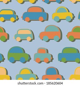 cute cartoon hand drawn colored cars in rows seamless pattern, beautiful background design for kids