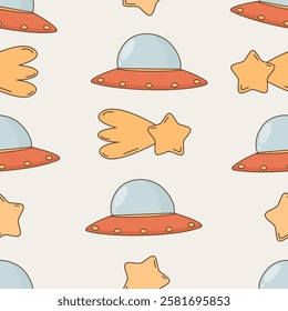 cute cartoon hand drawn colorful ufo with comet and stars seamless vector pattern background illustration