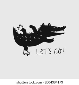 Cute cartoon hand drawn crocodile. Vector illustration with character silhouette alligator. Crocodile on  rollerblades