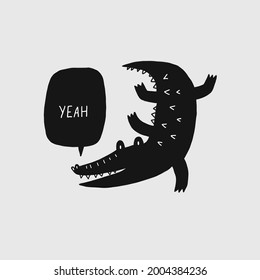 Cute cartoon hand drawn crocodile. Vector illustration with character silhouette alligator. 