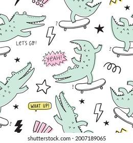 Cute cartoon hand drawn crocodile. Vector seamless pattern with character silhouette alligator. Crocodile on skater in doodle style