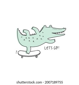 Cute cartoon hand drawn crocodile. Vector illustration with character silhouette alligator. Crocodile on skateboard 