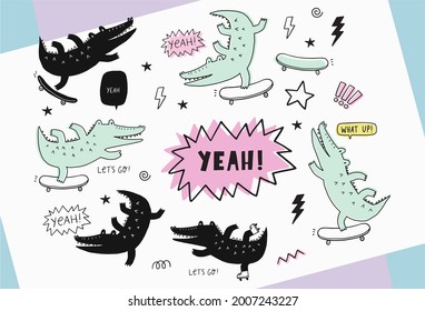 Cute cartoon hand drawn crocodile. Vector illustration with character silhouette alligator. Crocodile on skateboard 