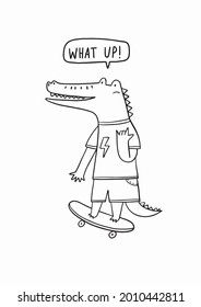 Cute cartoon hand drawn crocodile. Vector illustration with character silhouette alligator. Crocodile on skateboard 