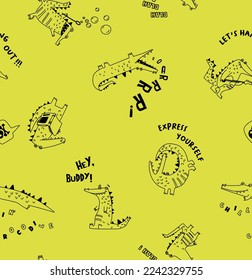 Cute cartoon hand drawn crocodile. Vector seamless pattern with character silhouette alligator. Crocodiles in doodle style