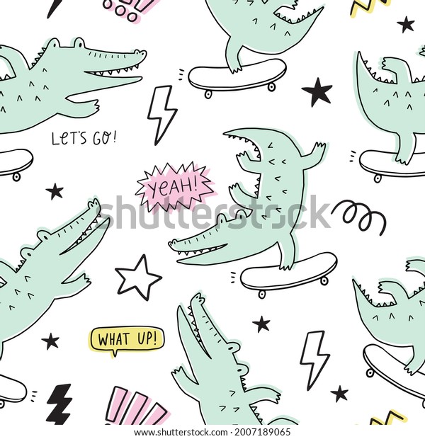 Cute cartoon hand drawn crocodile. Vector seamless\
pattern with character silhouette alligator. Crocodile on skater in\
doodle style