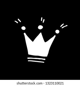 Cute cartoon hand drawn crown sign. Sweet vector black and white crown sign. Isolated monochrome doodle crown sign on black background.