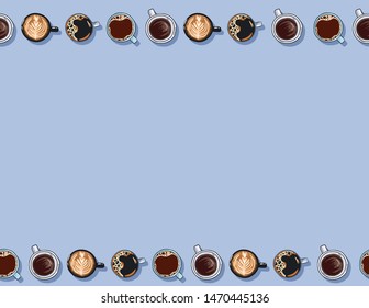 Cute cartoon hand drawn cups of coffee drinks seamless pattern. Letter template
