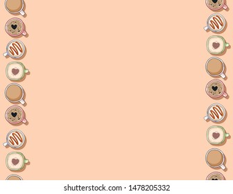 Cute cartoon hand drawn cups of yummy coffee and cacao cream drinks seamless pattern. Letter format template