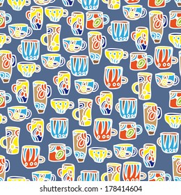 Cute cartoon hand drawn cups with various ornaments for childish design, seamless pattern