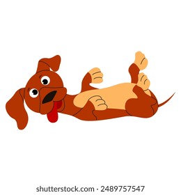 Cute cartoon hand drawn dachshund puppy dog lying on his back and playing